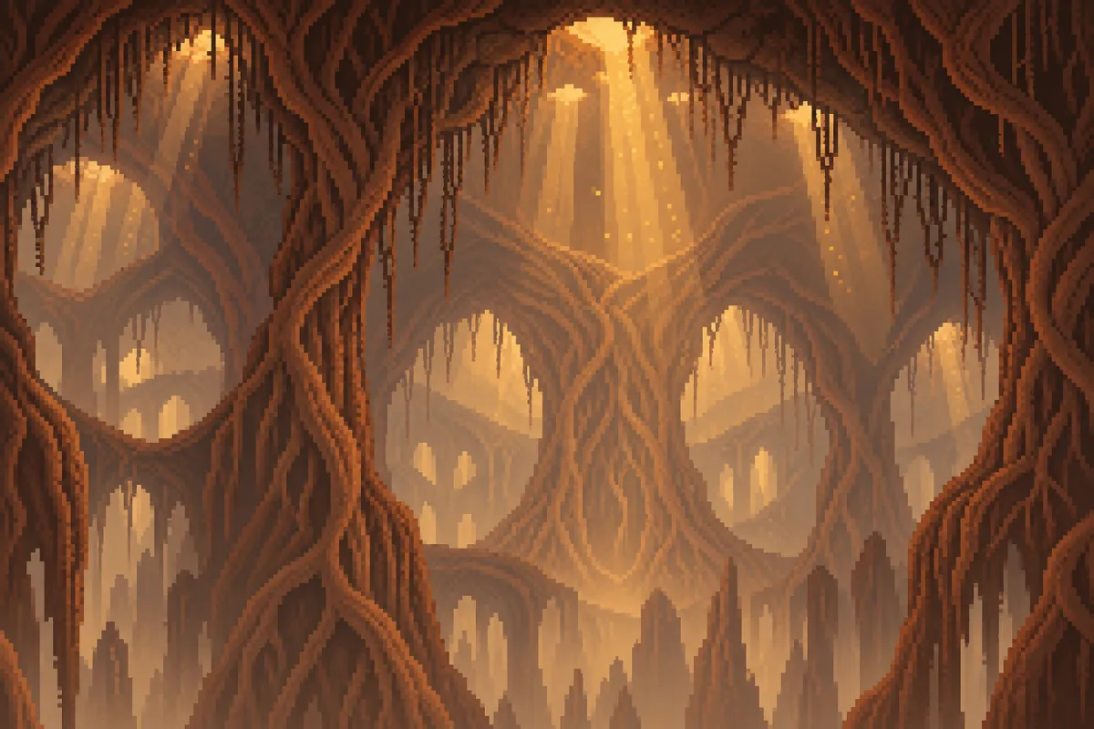 The Root Cathedral: giant roots arching over a cavern.