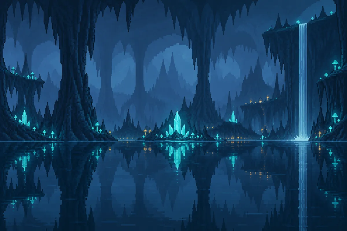 The Stillwater: a glowing underground lake with a waterfall.